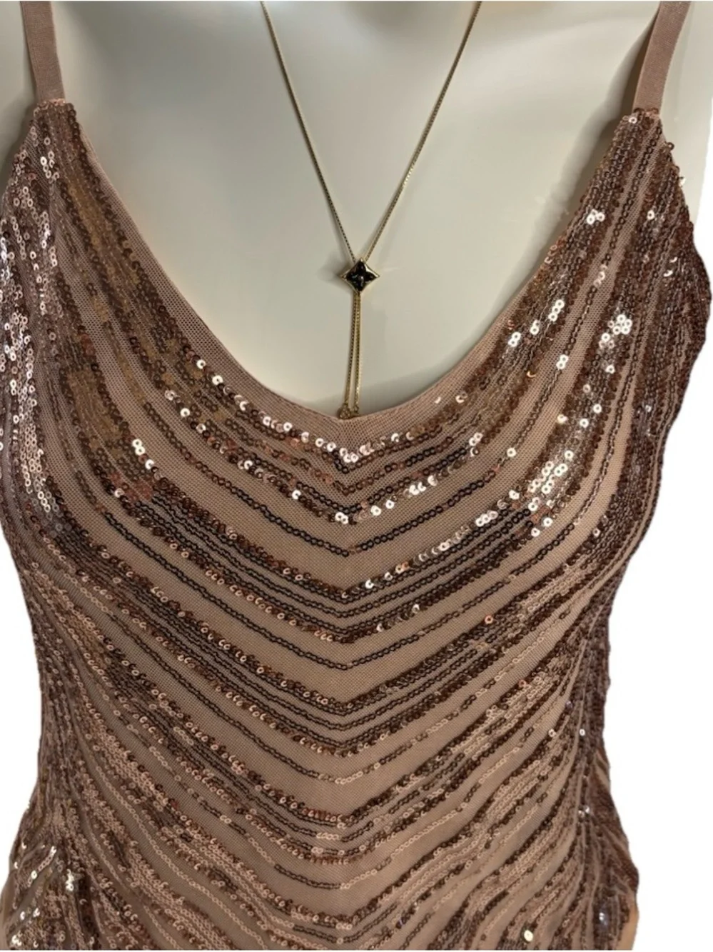 GUESS Beige & Gold Sequin Striped One-Piece Bodysuit Adjustable Straps Size L - Picture 4 of 6